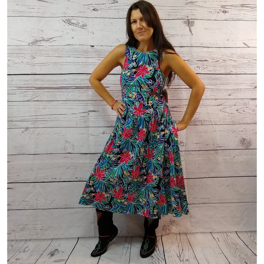 80s floral print cutout back dress with pockets - Picture 2 of 5
